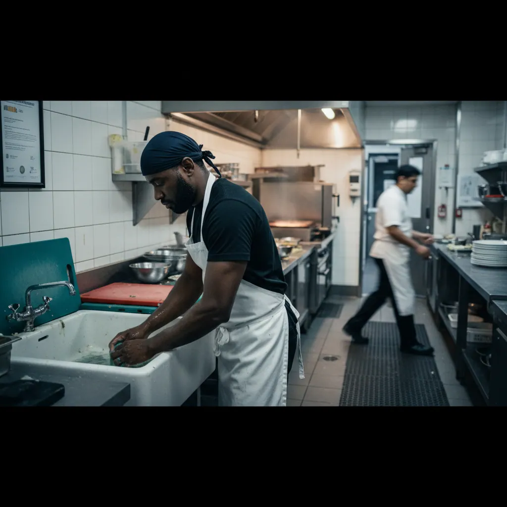 Kitchen porter mid-shift in a commercial kitchen